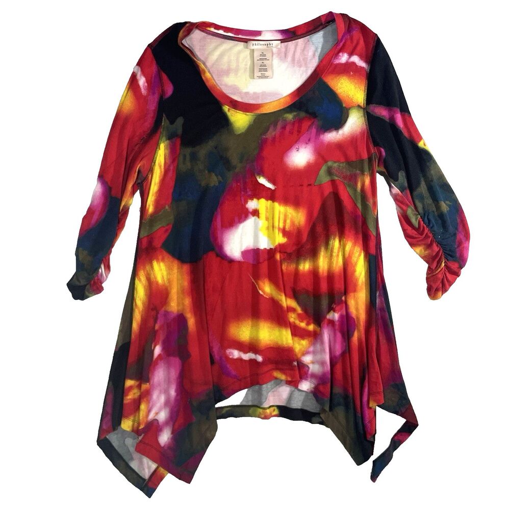 Philosophy Blouse Size XL Red Funky Watercolor Print Cinched Sleeve Top